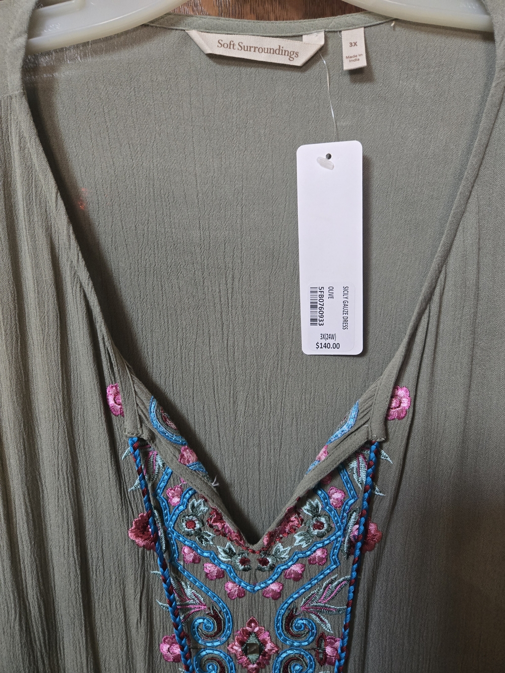 Soft Surroundings Olive Gauze Dress with Pink and Blue Accents